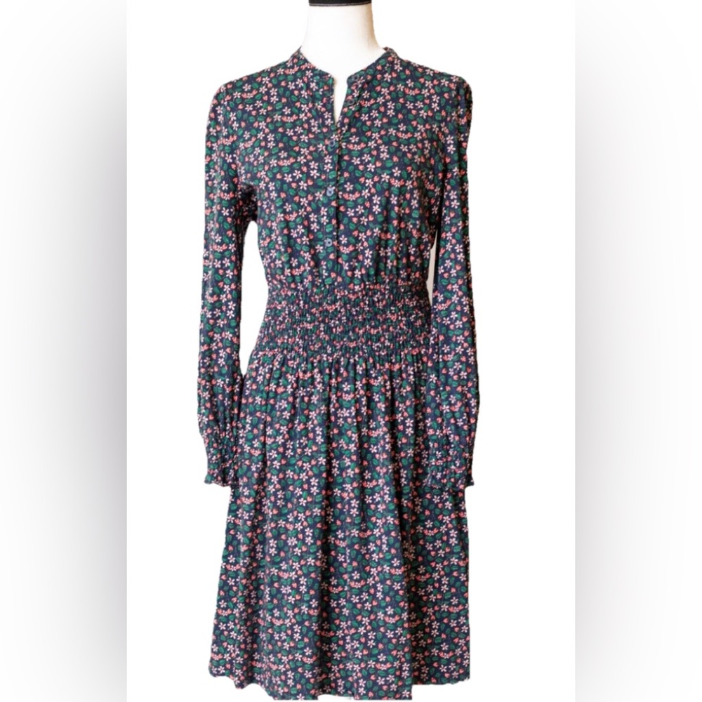 Boden Ditsy Strawberry Print Long Sleeve Floral Smocked Waist Dress Size 12R